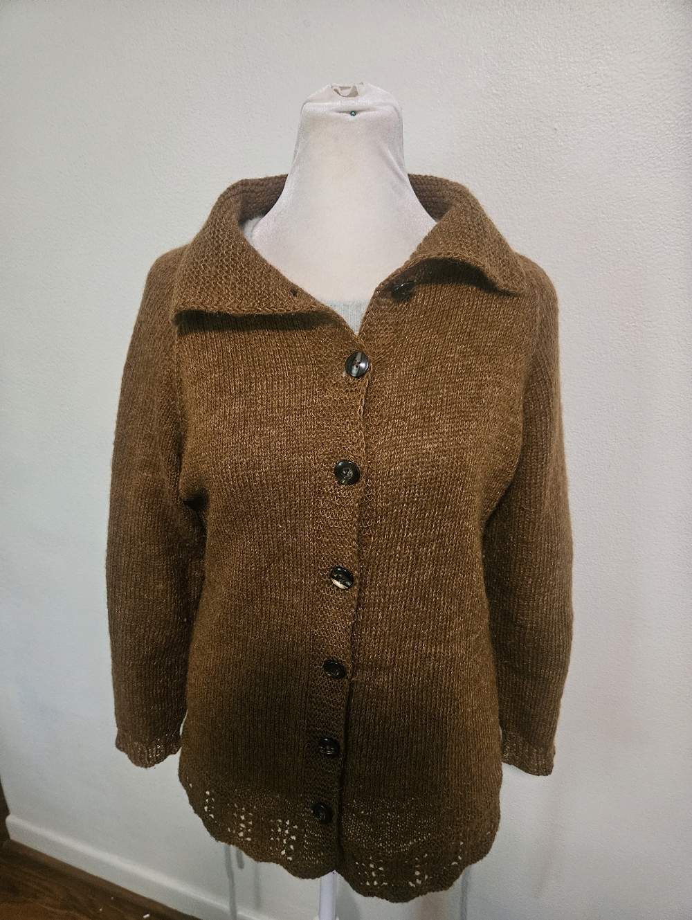 Hand Kniit Warm Brown Tan Cozy Cardigan Small Vintage